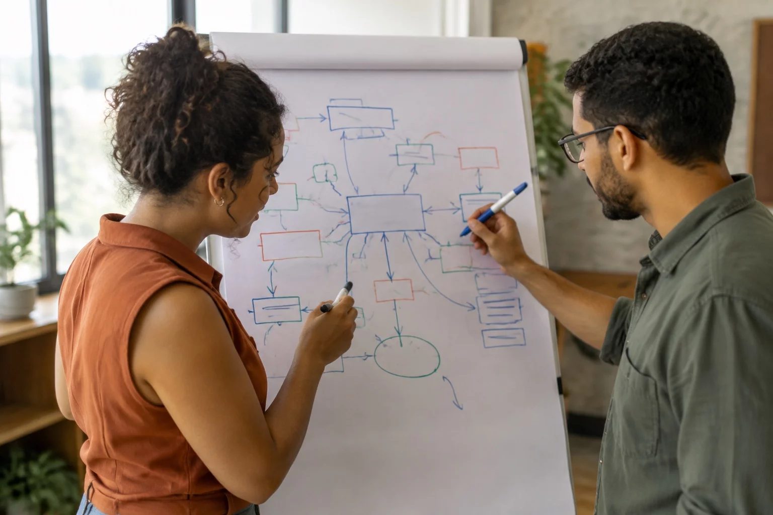 Duas pessoas diante de um quadro branco com um mapa de argumento desenhado à mão