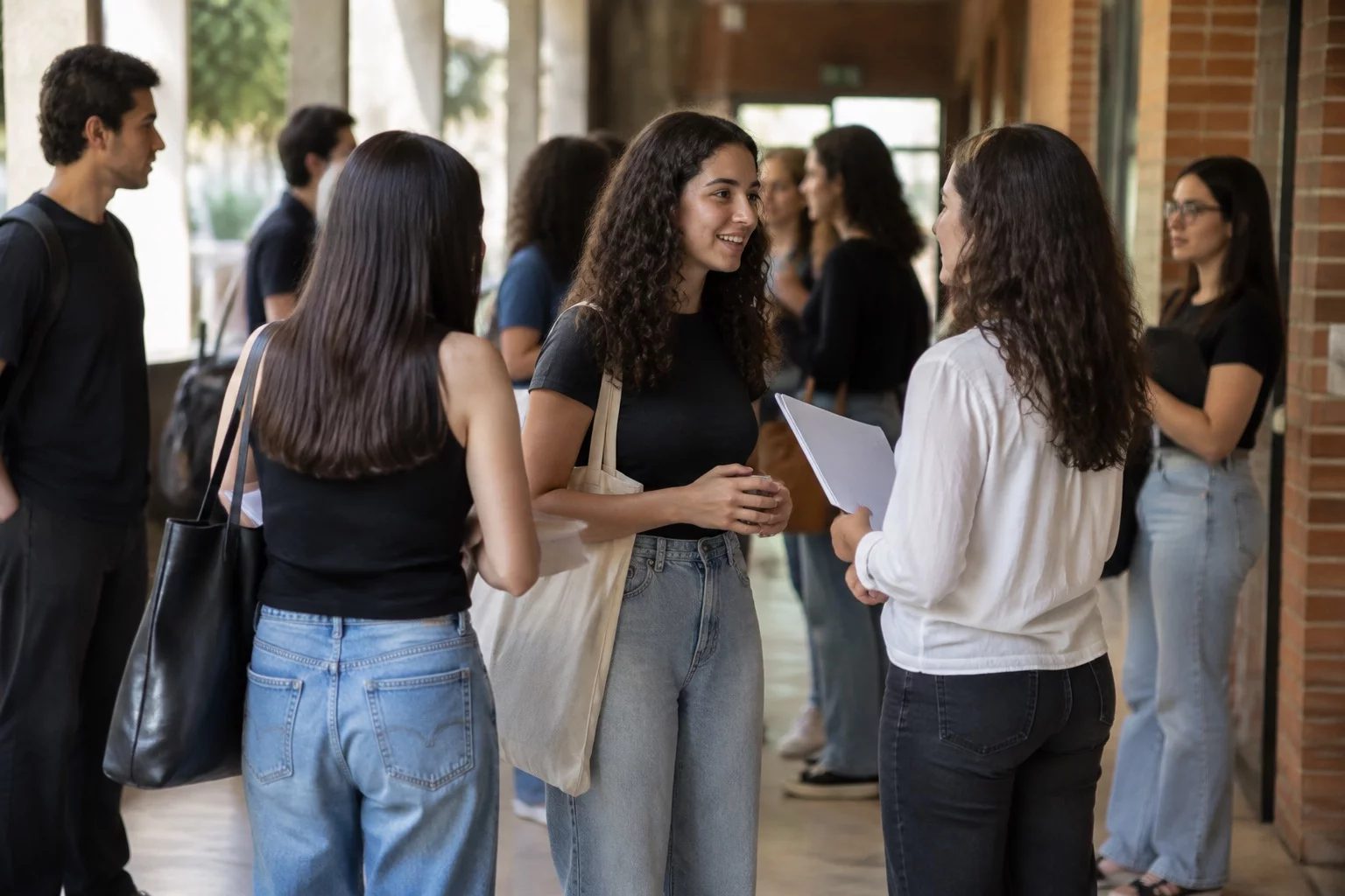 Estudantes com mochilas conversando no corredor de uma universidade