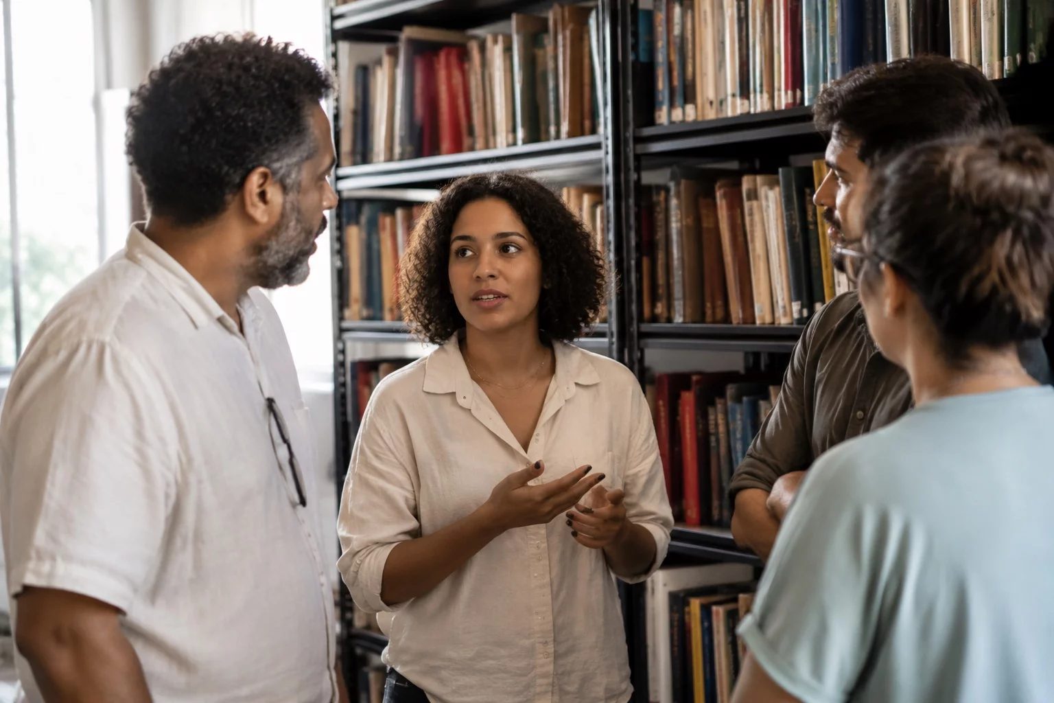 Estudantes conversando em pé entre as estantes de uma biblioteca