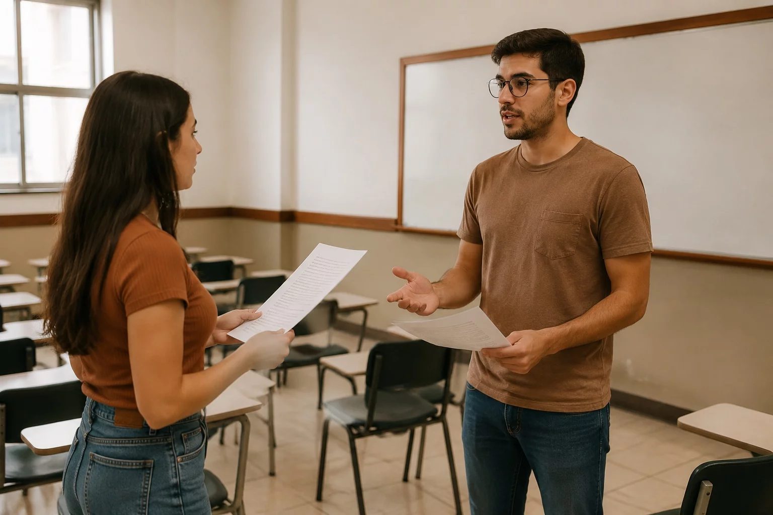 Dois estudantes preparando um debate com cadernos e marcadores