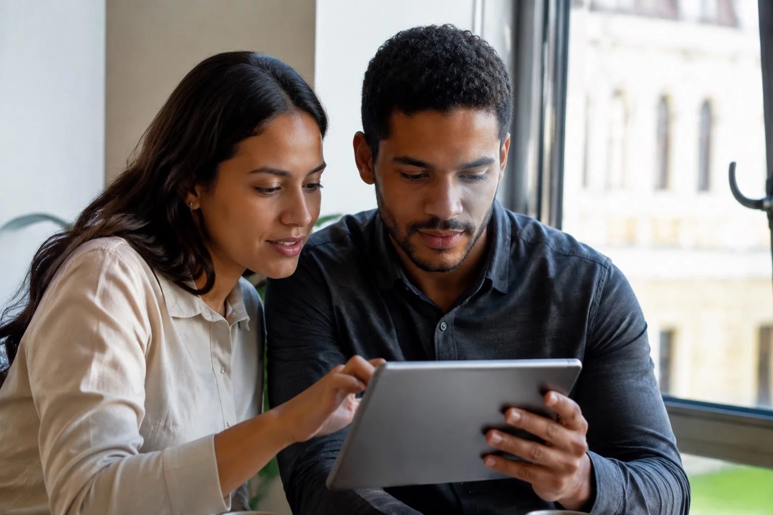 Duas pessoas revisando anotações em um tablet sobre uma mesa de madeira