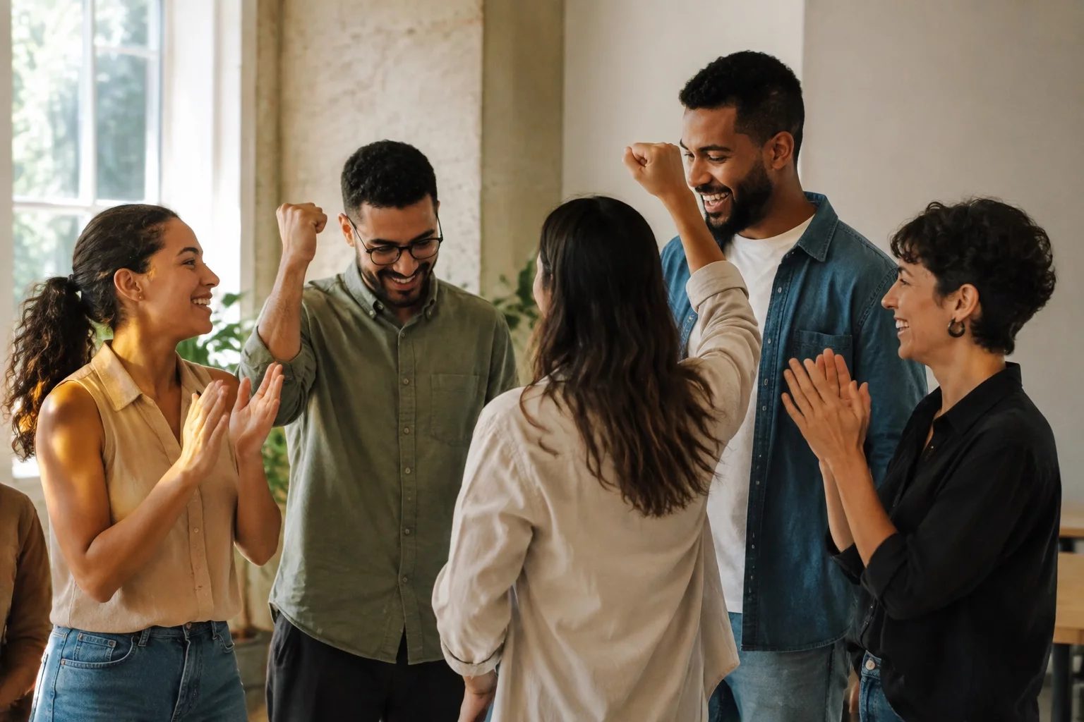 Grupo sorrindo após uma rodada de debate, com papéis nas mãos